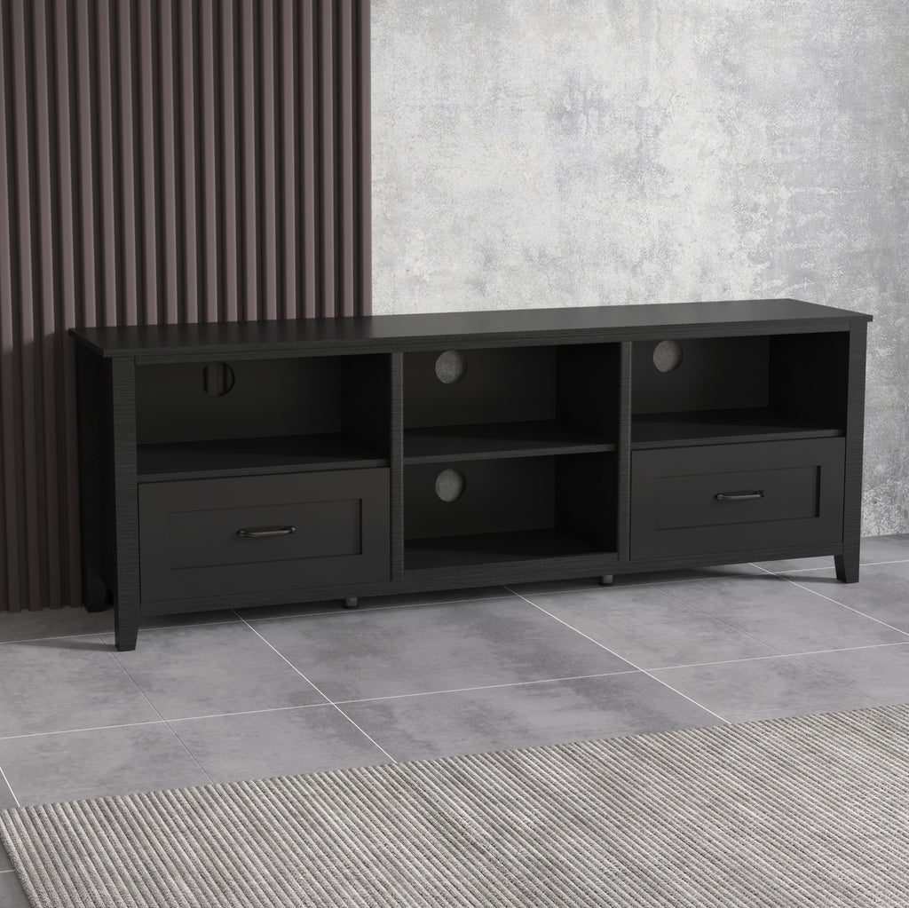 Leoglint 70.08 Inch Length Black TV Stand for Living Room and Bedroom, with 2 Drawers and 4 High-Capacity Storage Compartment.