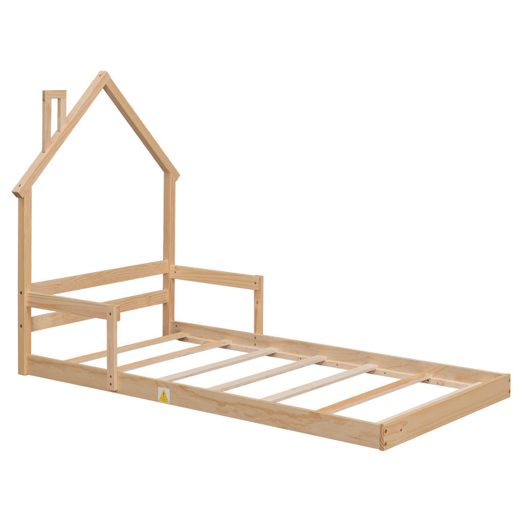 Leoglint Twin House-Shaped Headboard Floor Bed Frame with Handrails ,slats ,Natural