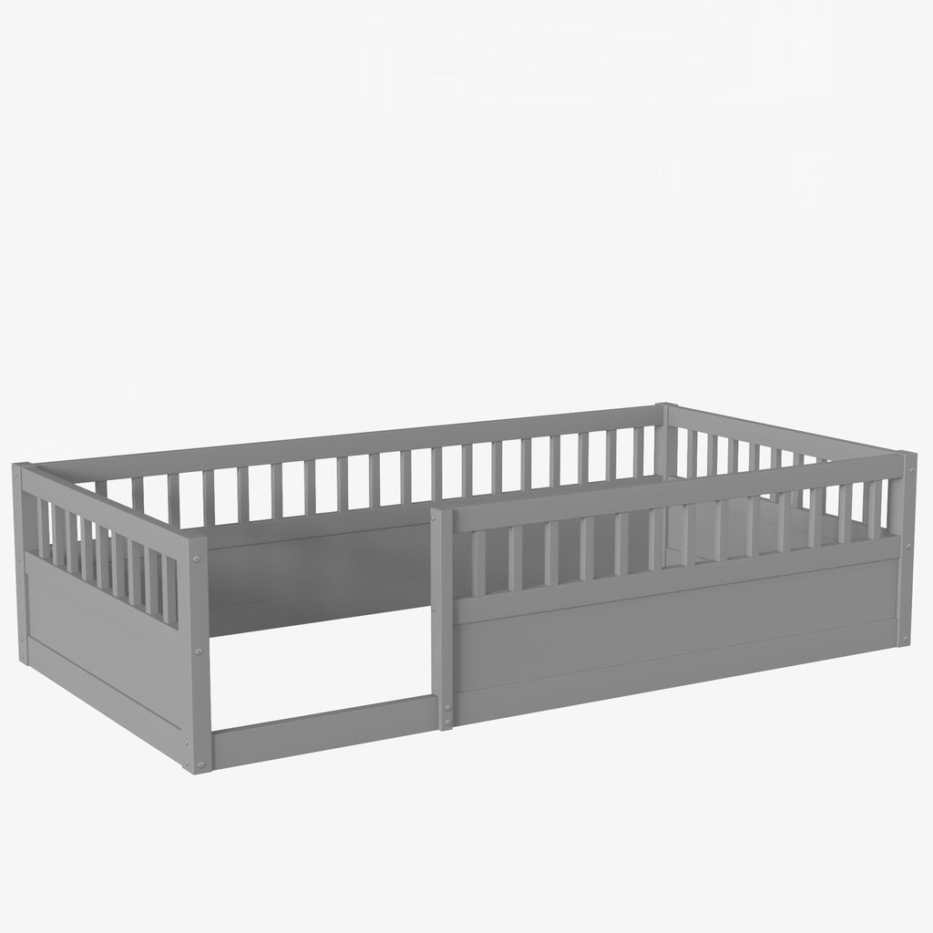 Twin Floor Bed Frame with Fence, Wood Kids Floor Beds Frame for Bedroom Playroom,Gray(Expect arrive date Jun. 21st)