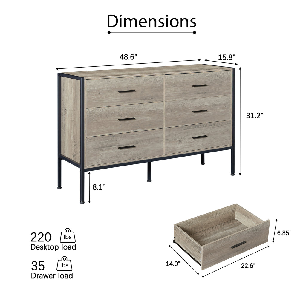 Leoglint Wood Drawer Chest Dresser with 6 Drawers, Wooden Storage Closet for Bedroom, Solid Clothes Cabinet with Sturdy Steel Frame, 48.58"W×15.75"D×31.22"H, 48 inch, Rustic Grey