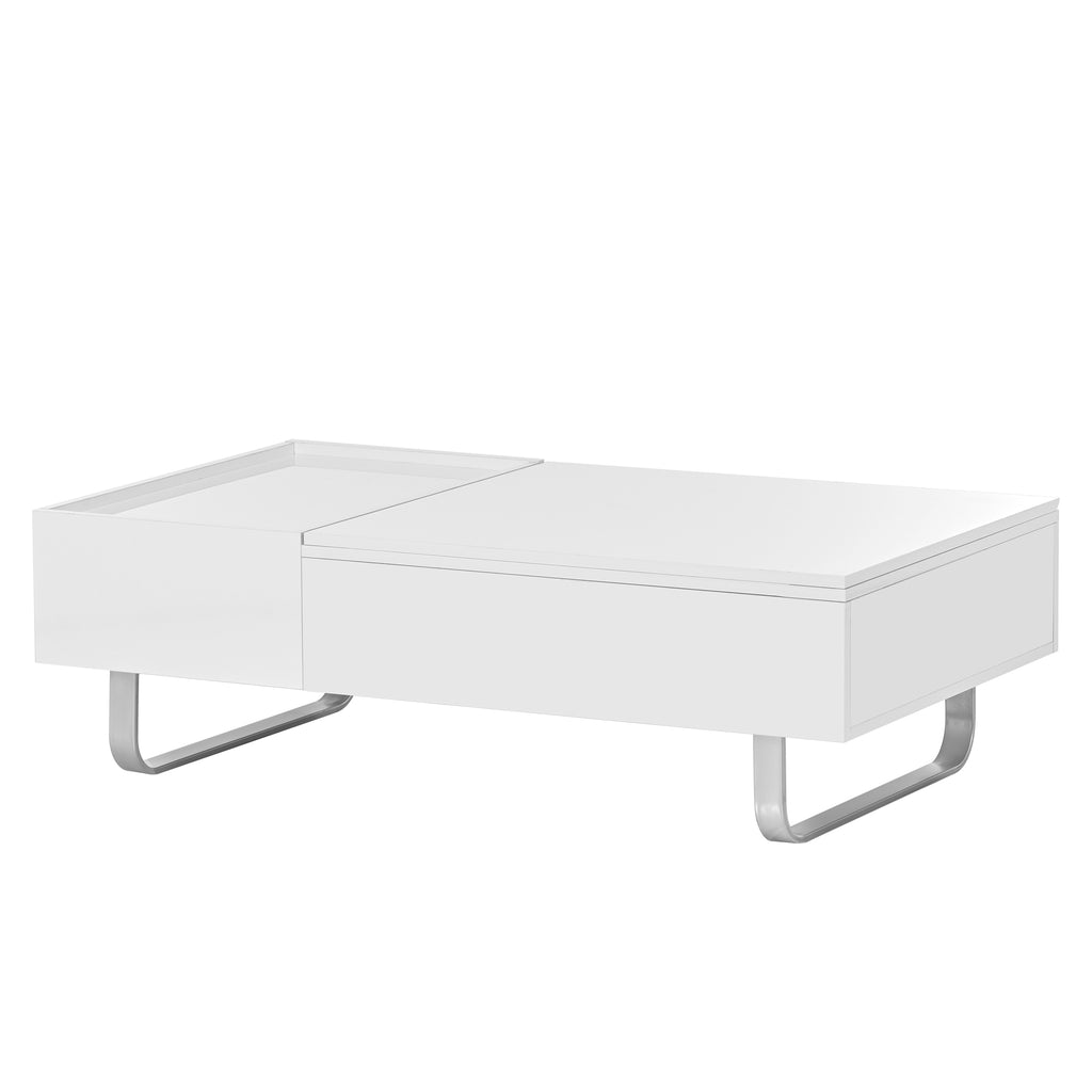 Leoglint [VIDEO provided] ON-TREND Multi-functional Coffee Table with Lifted Tabletop, Contemporary Cocktail Table with Metal Frame Legs, High-gloss Surface Dining Table for Living Room, White