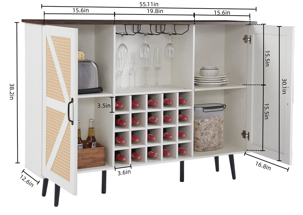 Leoglint Sideboard White Faux Rattan Barn Door Wine Cabinet with Wine Rack and Wine Glass Rack, Double Door Design with Removable Shelves, Rustic Wood Storage Cabinet