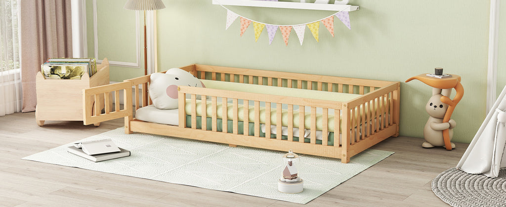 Leoglint Twin Size Bed Floor Bed Frame with Safety Guardrails and Door for Kids, Natural(Old SKU: W158090686)