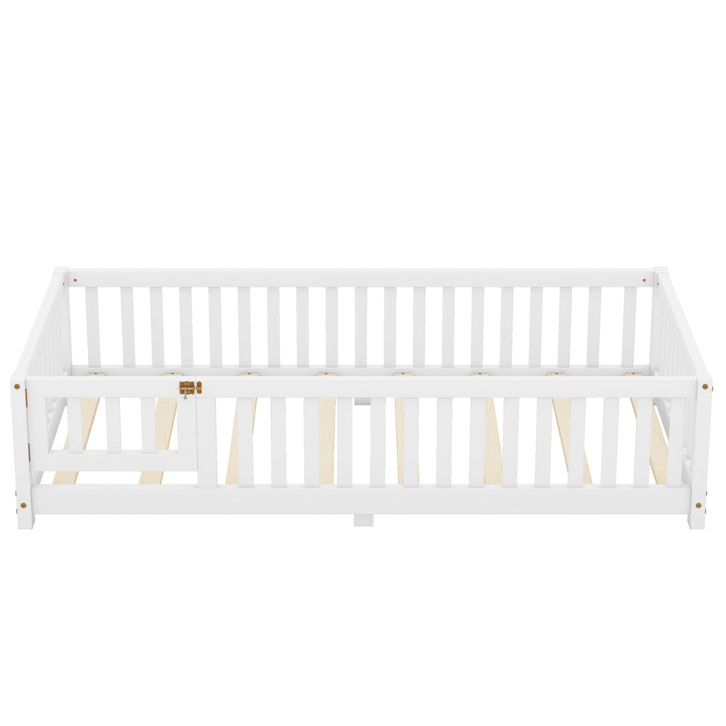 Leoglint Twin Size Bed Floor Bed Frame with Safety Guardrails and Door for Kids, White(Old SKU:W158090683)