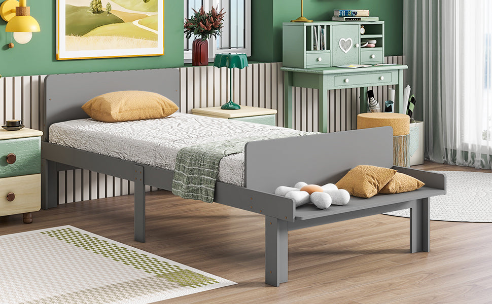 Twin Bed Frame with Footboard Bench,Grey