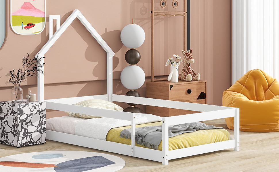 Leoglint Twin Size Wood bed frame with House-shaped Headboard Floor bed with Fences,White