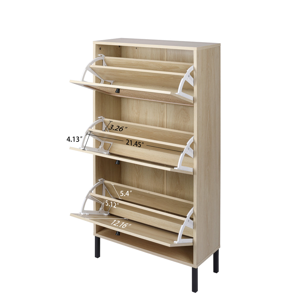 Leoglint Natural  Rattan 3 Door Shoe Rack, Freestanding Modern Shoe Storage Cabinet, for Entryway