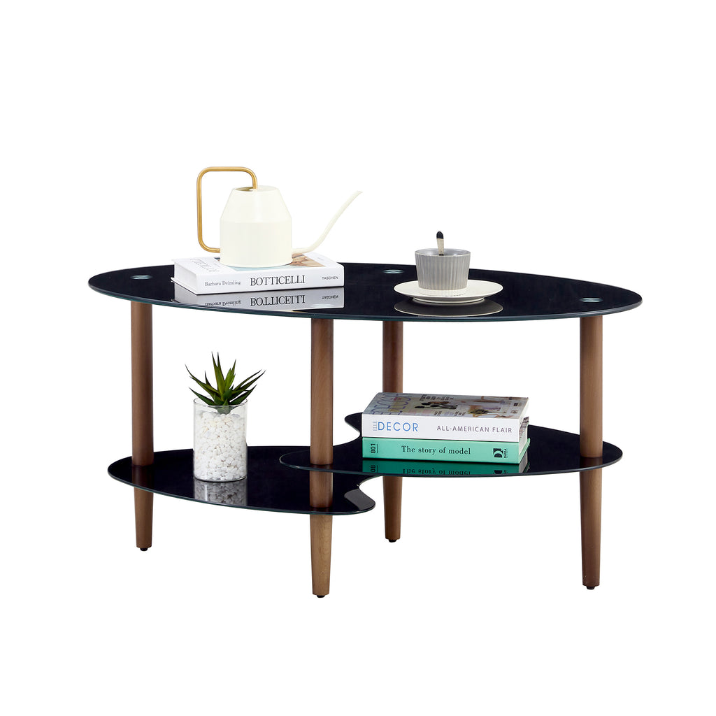 Leoglint Black Oval glass coffee table, modern table in living room Oak wood leg tea table 3-layer  tempered glass table