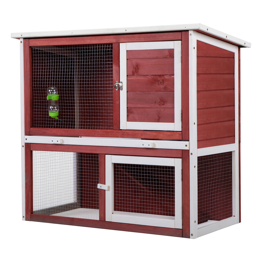 Leoglint Wood Rabbit Hutch, Pet Playpen with 2 Stories, Ramp, Doors, Pull-out Tray, Water Bottle, Outdoor Enclosure for Small Animals Bunnies, Red and White