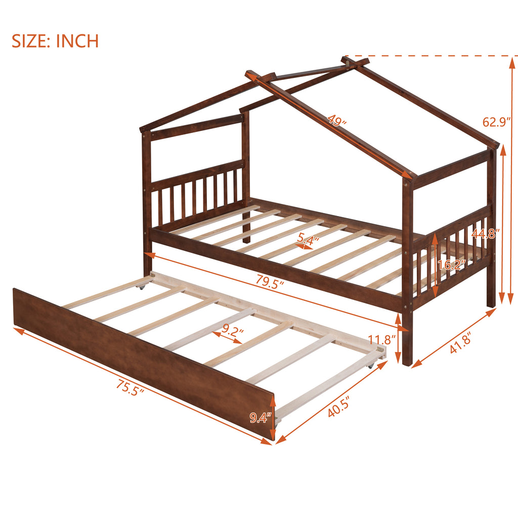 Leoglint Twin Size Wooden House Bed Frame with Twin Size Trundle, Walnut