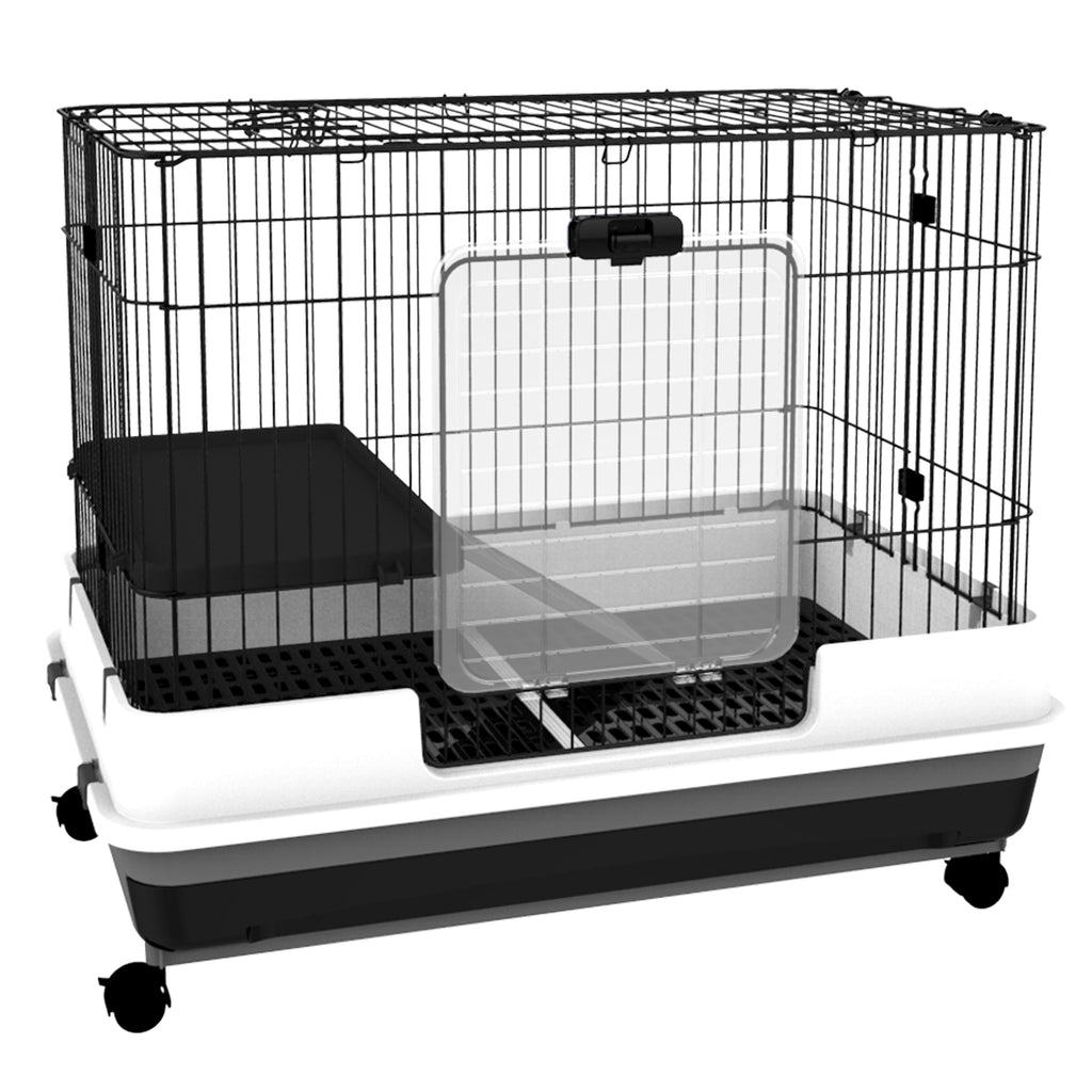 Leoglint 2-Level Small Animal Cage Rabbit Hutch with Wheels, Removable Tray, Platform and Ramp for Bunny, Chinchillas, Ferret, Black