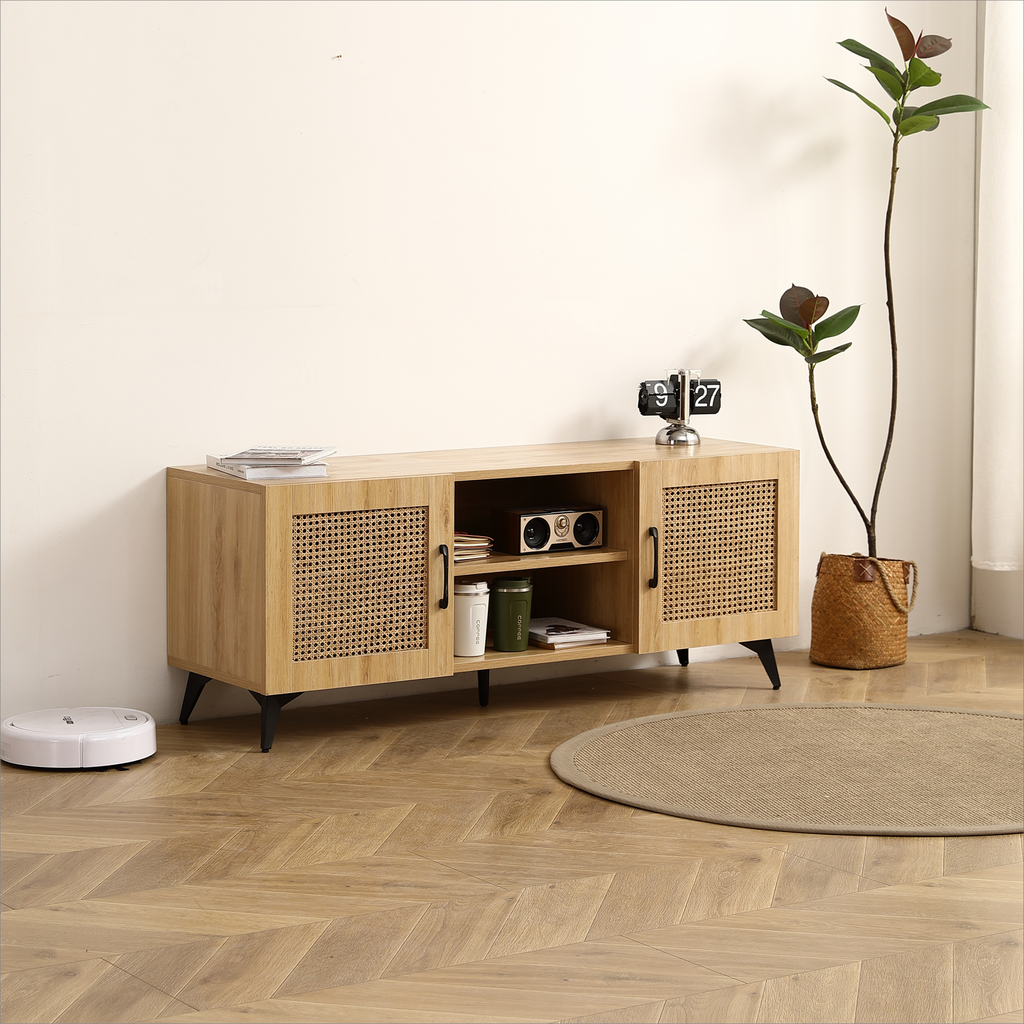 Leoglint Oak TV Stand,Rattan Storage Cabinet Net - Perfect for Family Entertainment Room 51.2inch