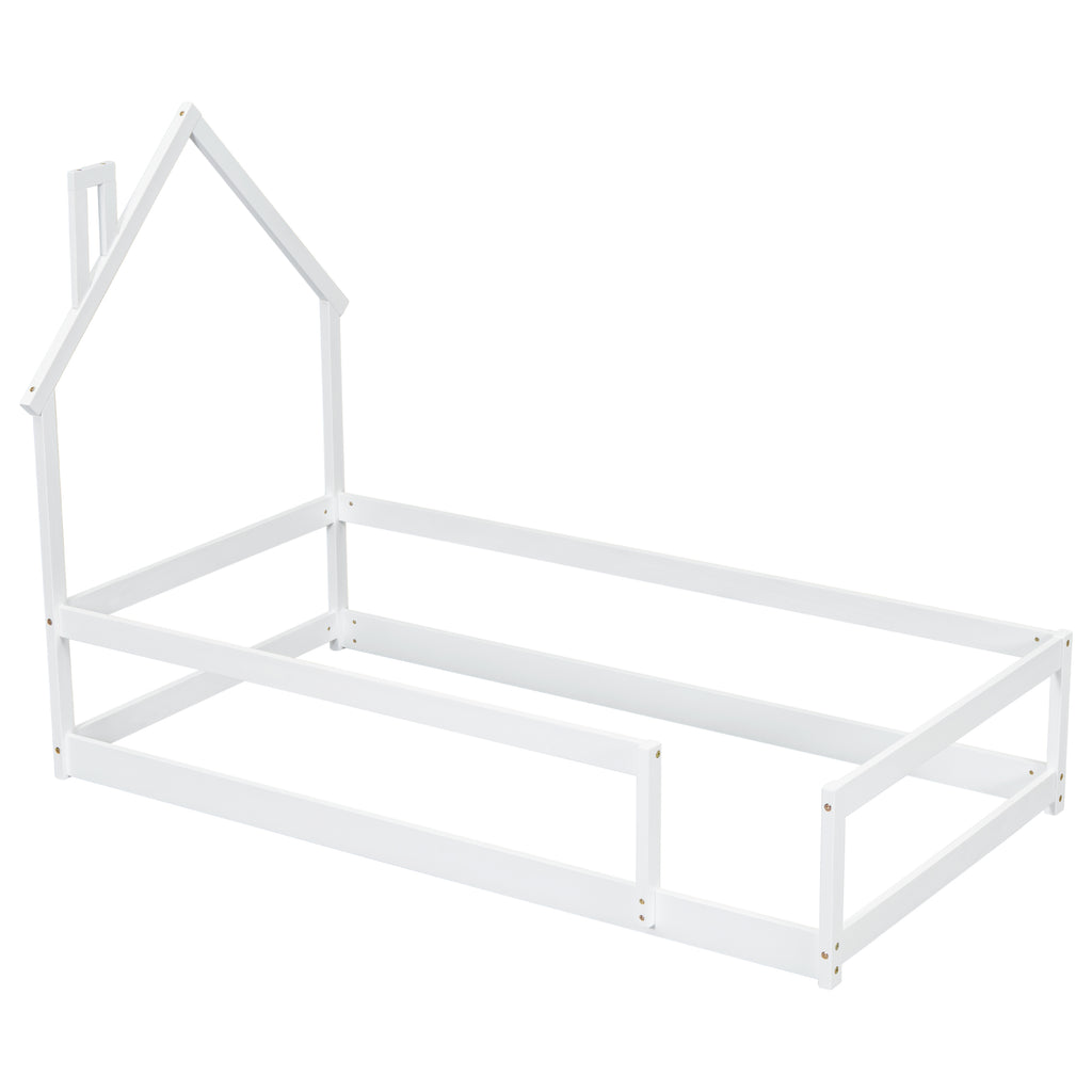 Leoglint Twin Size Wood bed frame with House-shaped Headboard Floor bed with Fences,White