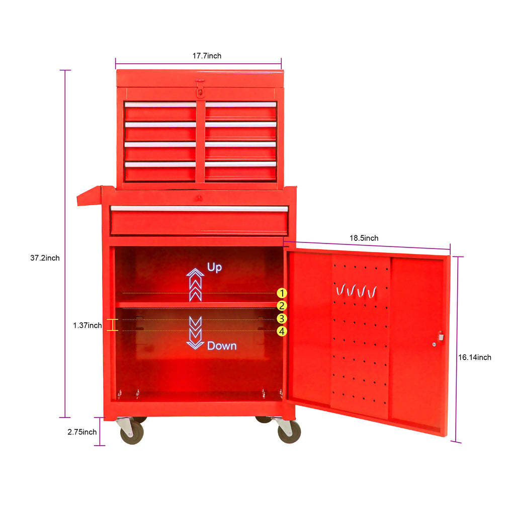 Leoglint Detachable 5 Drawer Tool Chest with Bottom Cabinet and One Adjustable Shelf--Red