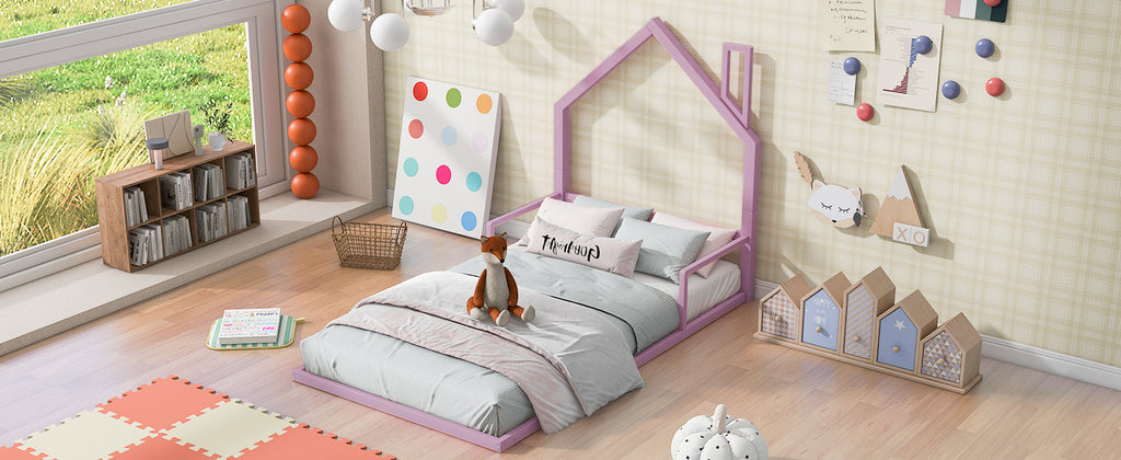 Leoglint Twin Size Metal Floor Bed  Frame with House-shaped Headboard, Pink