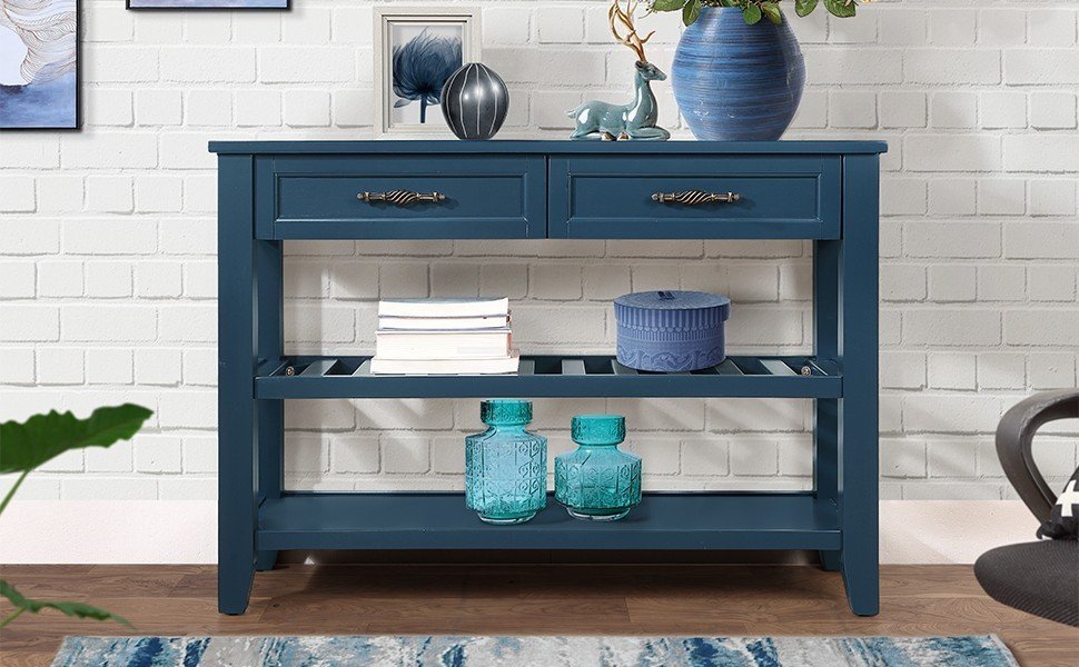 Leoglint Console Sofa Table with 2 Storage Drawers and 2 Tiers Shelves, Mid-Century Style 42'' Solid Wood Buffet Sideboard for Living Room Furniture Kitchen Dining Room Entryway Hallway,Navy Blue