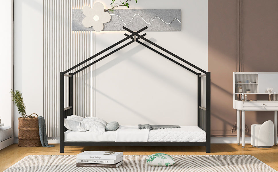 Leoglint Twin Size Metal House Platform Bed Frame, Black