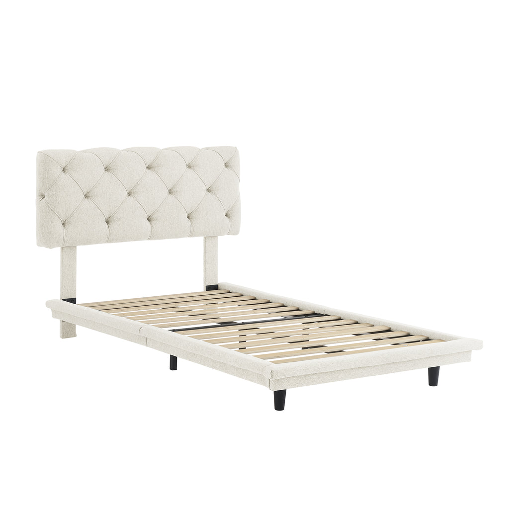 Leoglint Twin Size Upholstered Bed Frame with Light Stripe, Floating Platform Bed, Linen Fabric,Beige