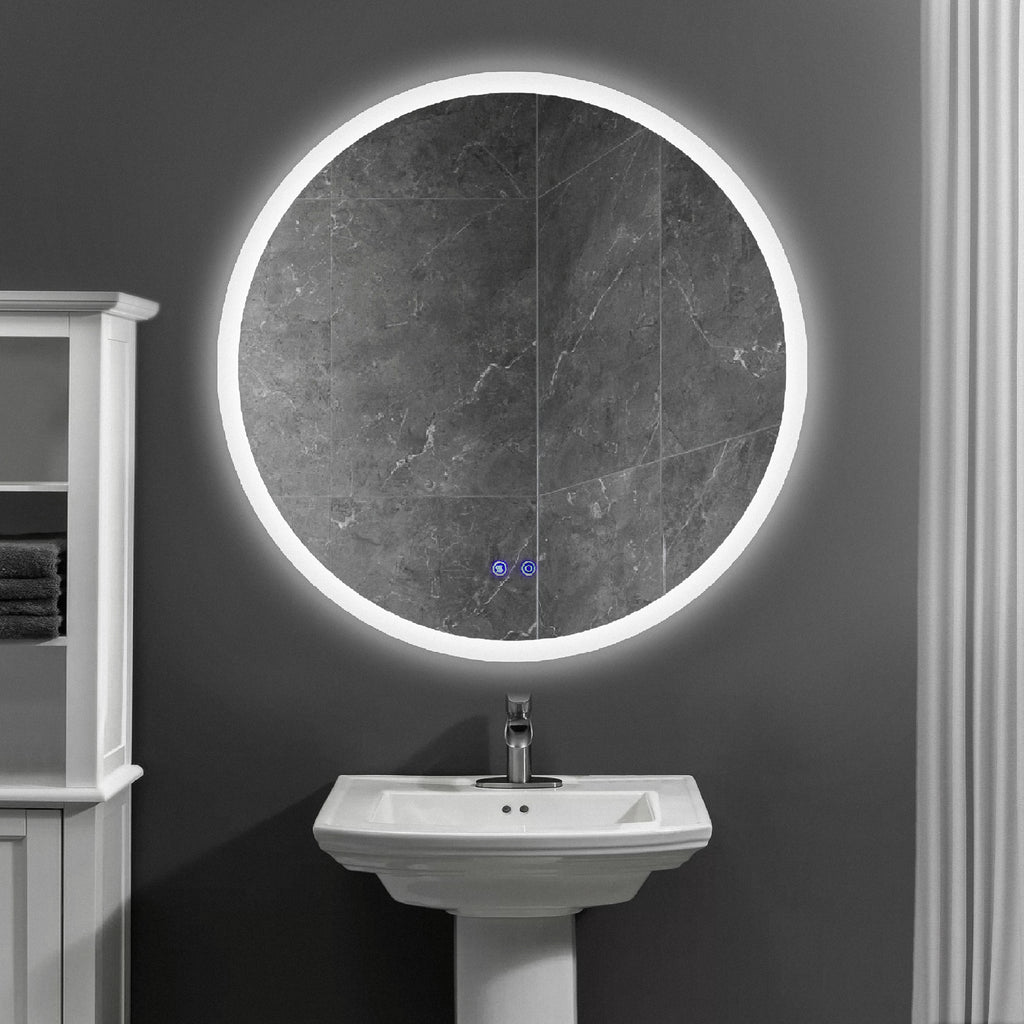 Leoglint 32 x 32 Inch Round Frameless LED Illuminated Bathroom Mirror, Touch Button Defogger, Metal, Silver