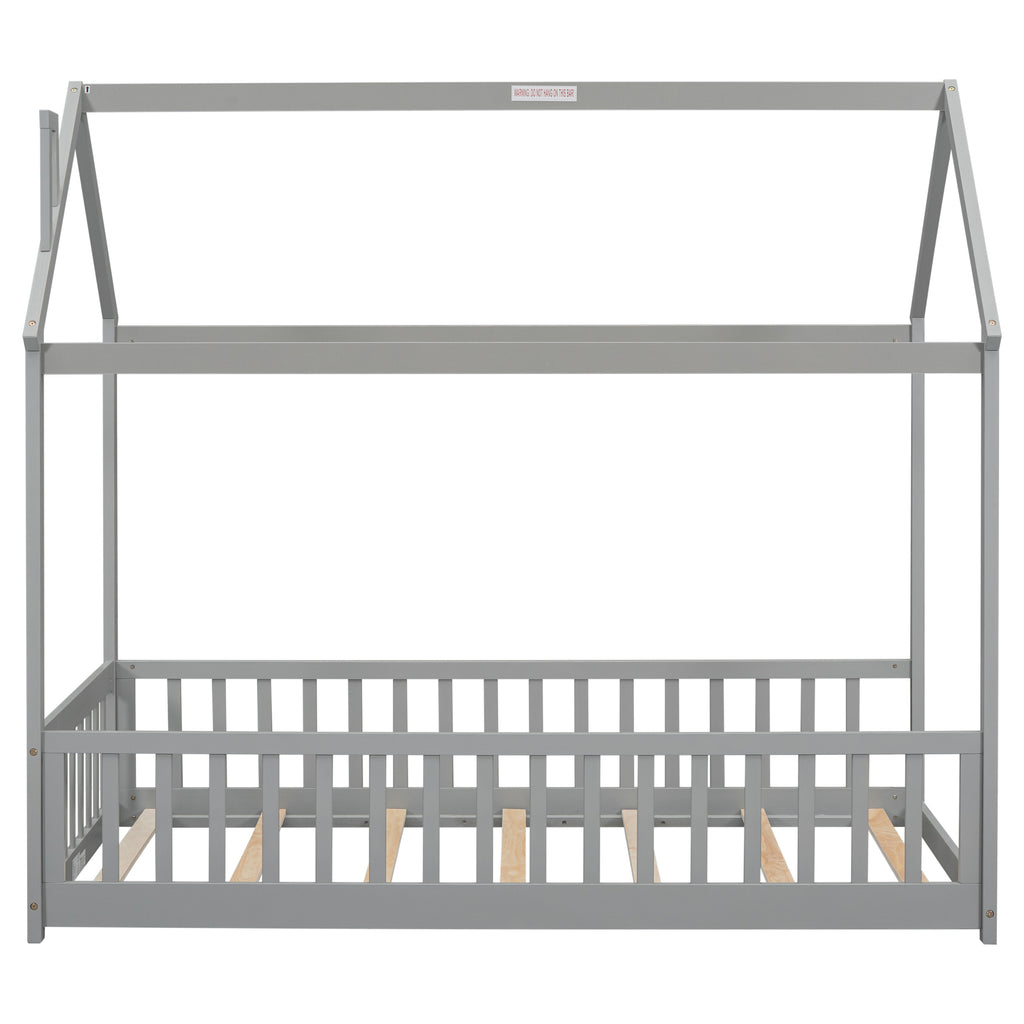 Twin House Bed Frame with Guardrails, Slats ,Grey