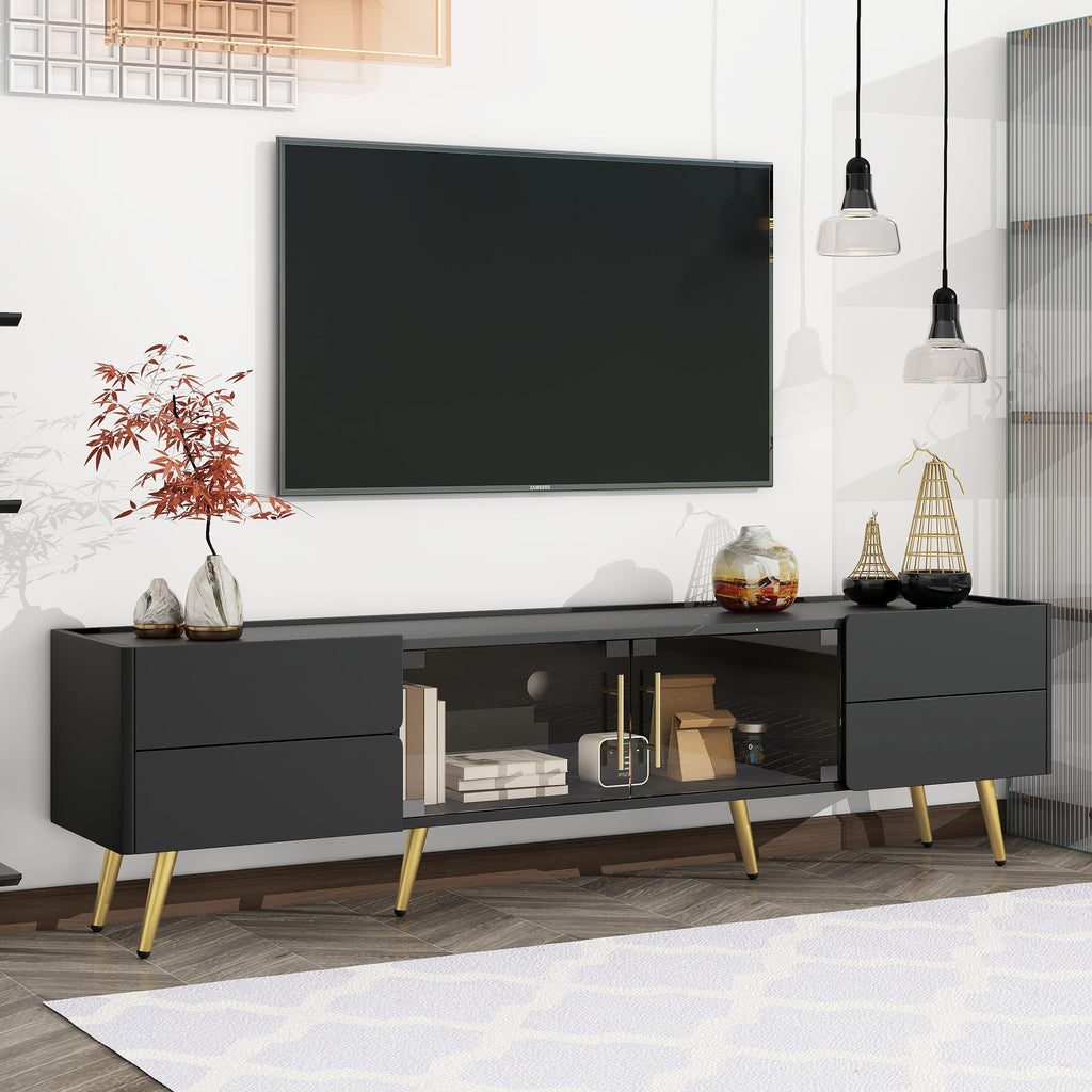 Leoglint U-Can Modern TV Stand with LED lights for TVs up to 80 Inches, Entertainment Center with 4 Drawers and 1 Cabinet with Brown Glass Door, Media Console with Metal Legs and Handles for Living room