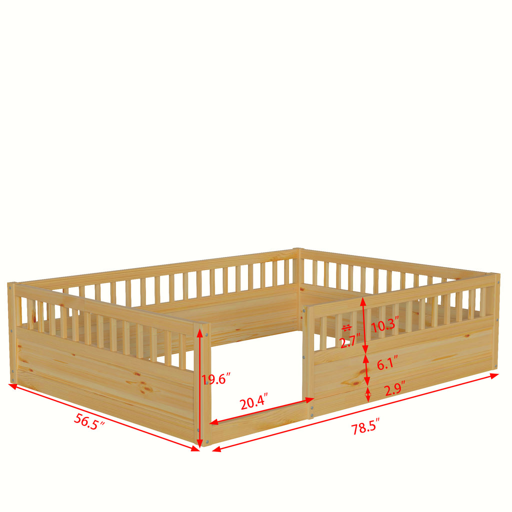 Leoglint Full Floor Bed Frame with Fence, Wood Kids Floor Beds Frame for Bedroom Playroom,Natural(Expect arrive date Jul. 10th)