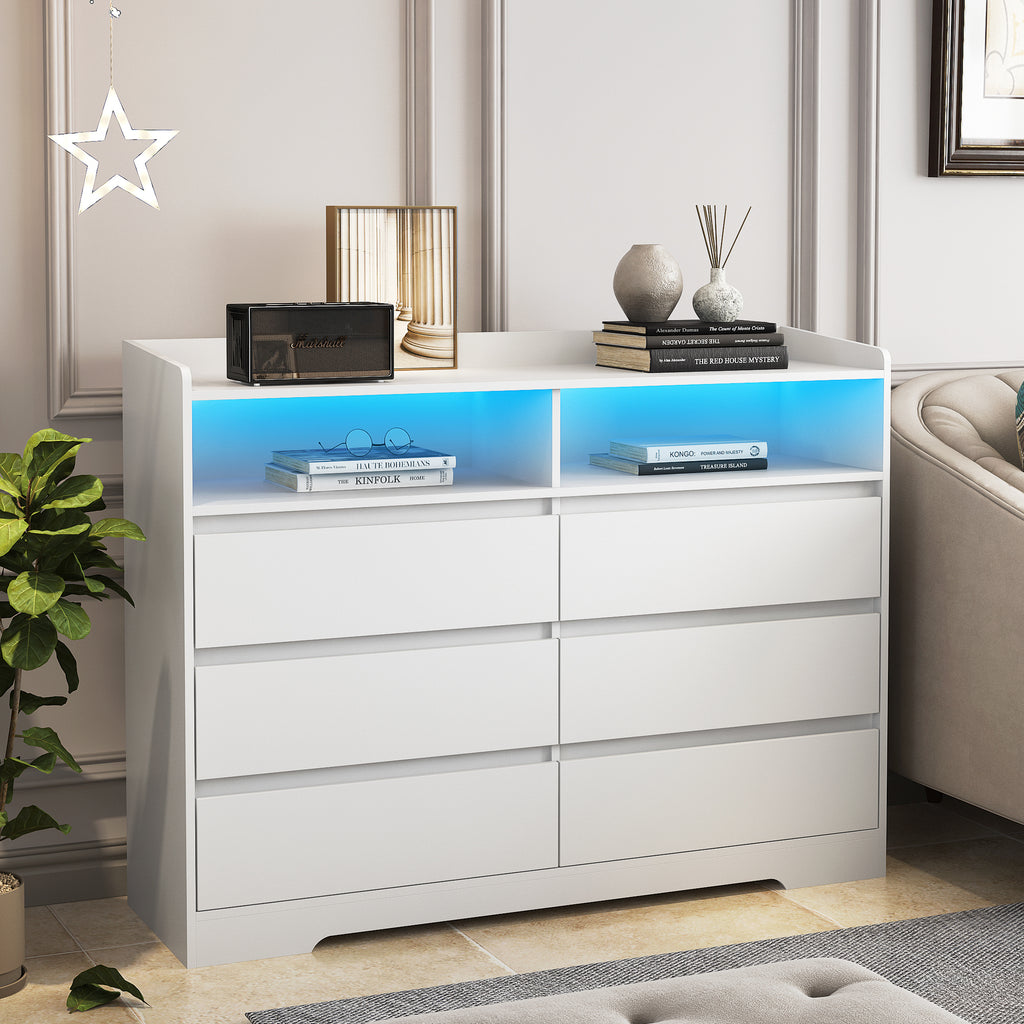 Leoglint 6 Drawer Chest Drawer Dresser, White Dresser for Bedroom with LED Lights, Modern Dressers & Chests of Drawers with Sturdy Frame for Living Room, Entryway, Hallway