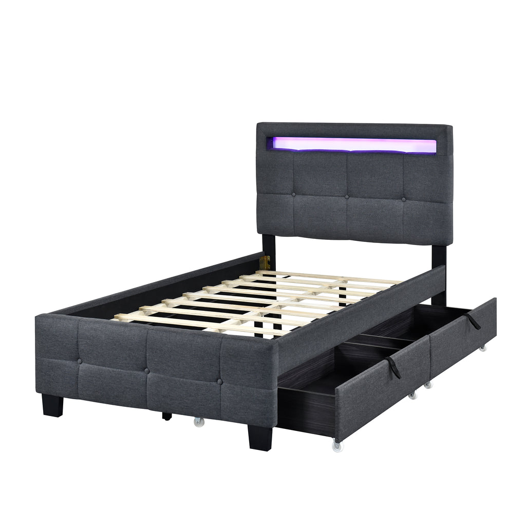 Leoglint Twin Size Upholstered Platform Bed  Frame with LED Frame and 2 Drawers, Linen Fabric, Gray