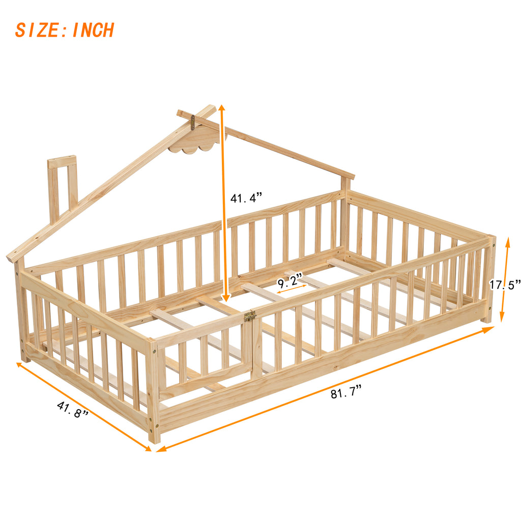 Twin House-Shaped Bedside Floor Bed Frame with Guardrails, Slats, with Door,Natural