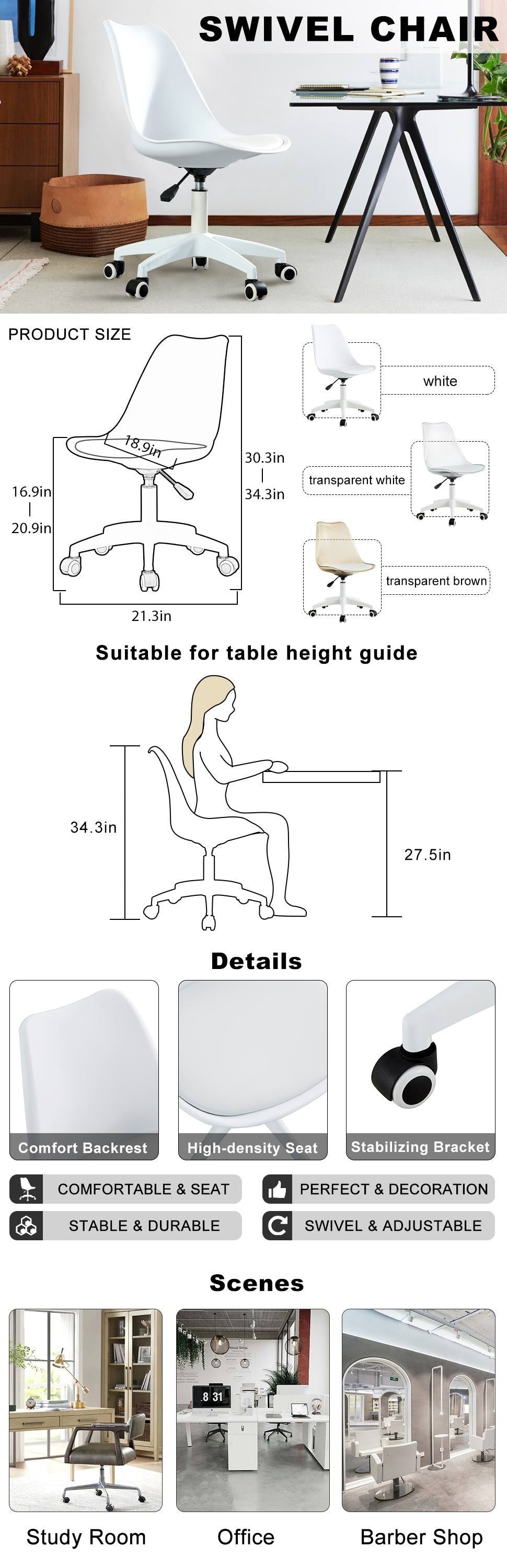 Leoglint Modern Home Office Chairs, Adjustable 360 °Swivel  Chair Engineering  Plastic Armless Swivel Computer  Chair With Wheels for Living Room, Bed Room Office Hotel Dining Room and White.