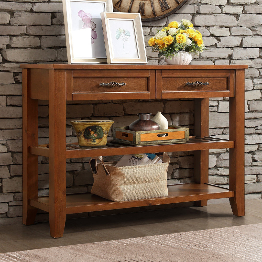 Leoglint Console Sofa Table with 2 Storage Drawers and 2 Tiers Shelves, Mid-Century Style 42'' Solid Wood Buffet Sideboard for Living Room Furniture Kitchen Dining Room Entryway Hallway, Brown