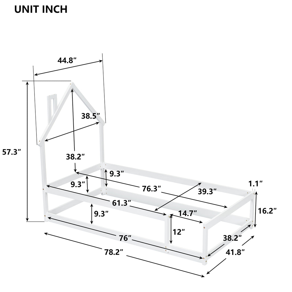 Leoglint Twin Size Wood bed frame with House-shaped Headboard Floor bed with Fences,White