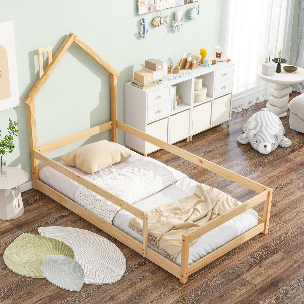 Twin Size Wood bed Frame with House-shaped Headboard Floor bed with Fences,Natural