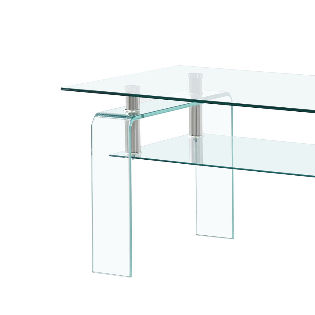 Leoglint Rectangle Clear Glass Coffee Table, Modern Glass Coffee Table for Living Room, 2-Tier Storage Center Coffee Table,Tempered Glass Tea Table