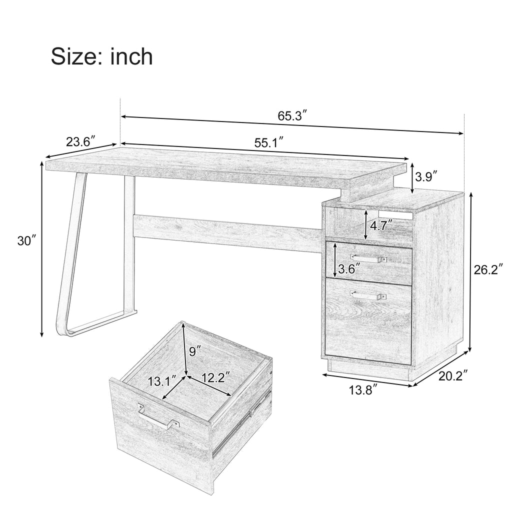 Leoglint Home Computer Office Desk with Drawers/Hanging Letter-size Files, 65 inch Writing Study Table with Drawers