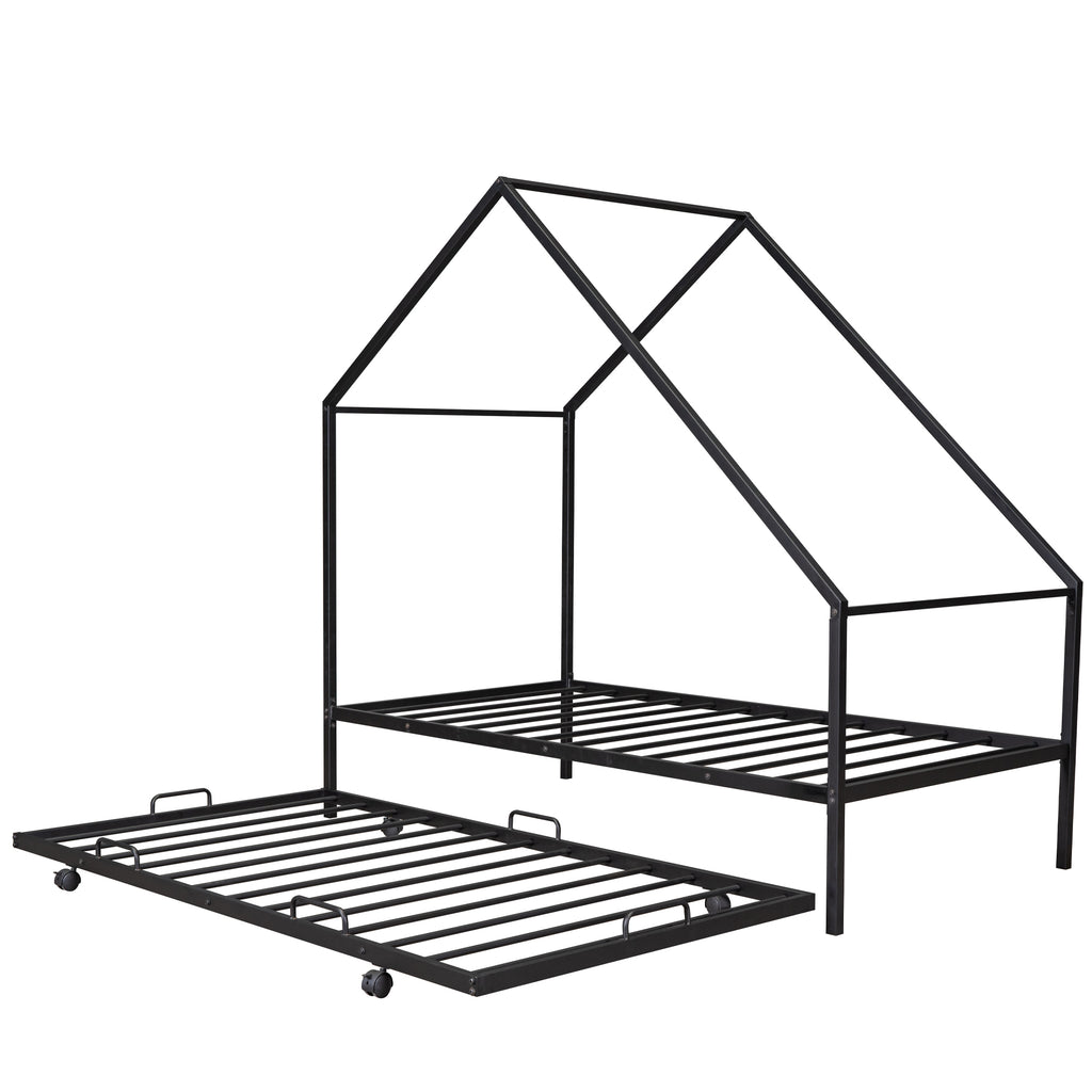 Metal House Bed Frame With Trundle, Twin Size House  Bed Black