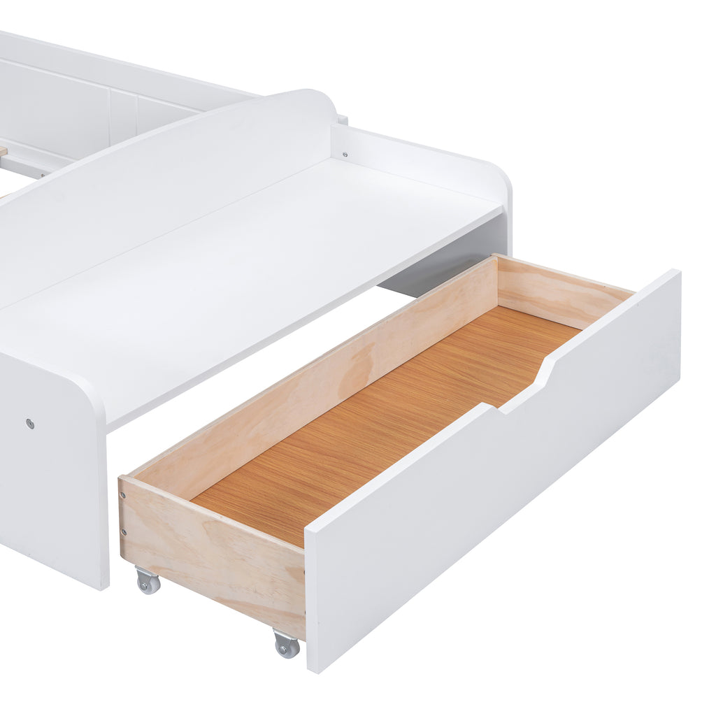 Leoglint Twin Size House Bed Frame with Bench, Socket and Shelves, White