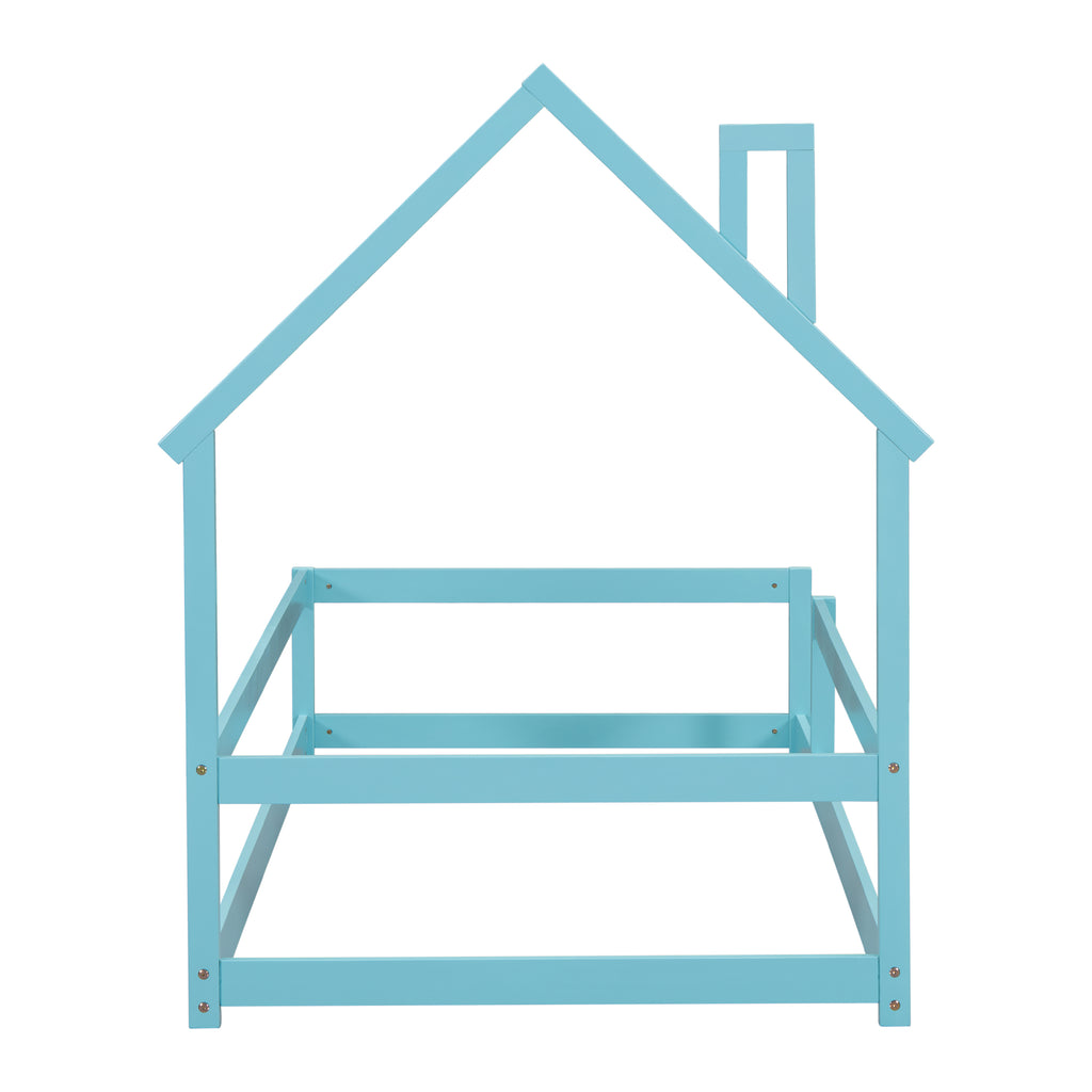 Leoglint Twin Size Wood bed Frame with House-shaped Headboard Floor bed with Fences,Light Blue