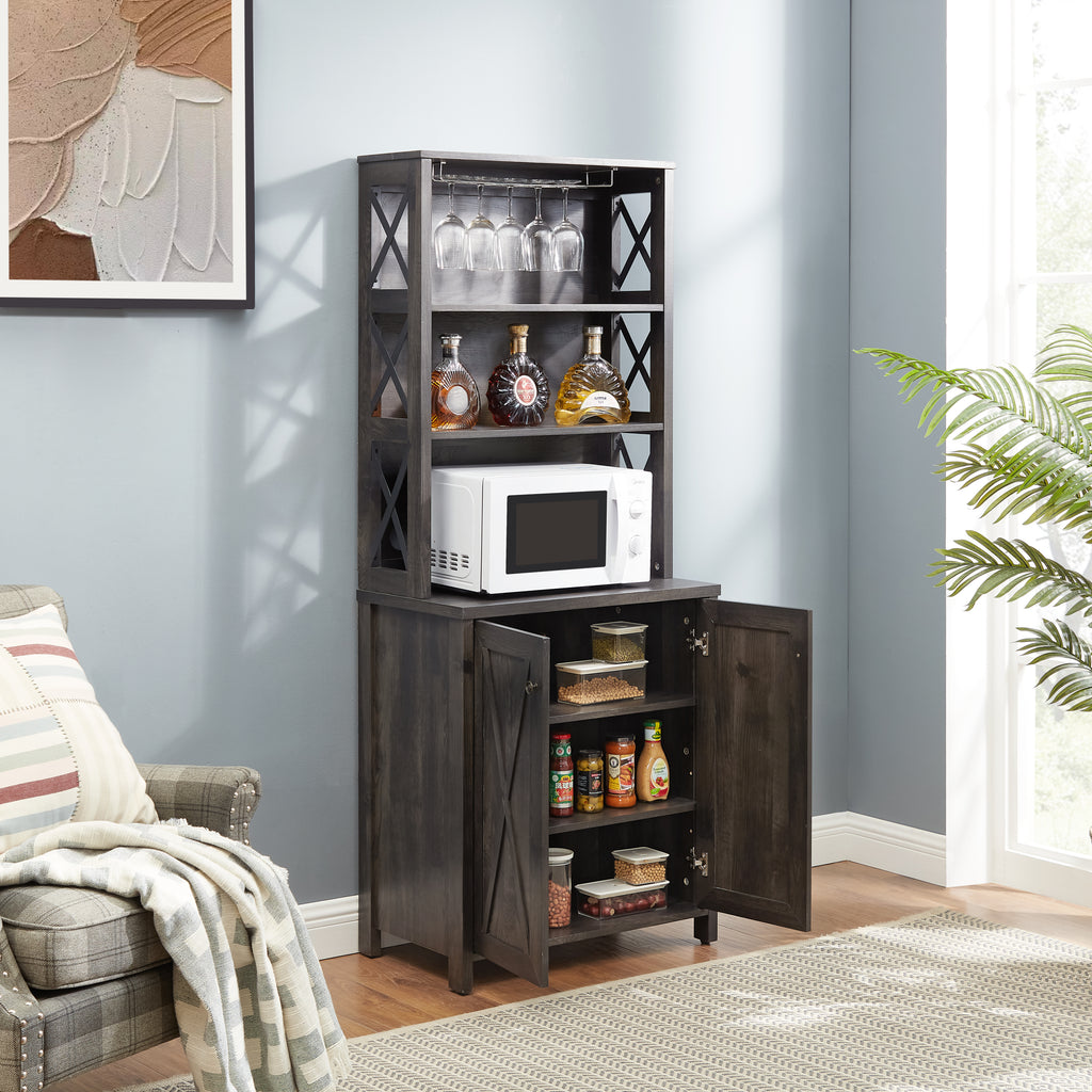 Leoglint Sideboard Coffee Bar Cabinet Kitchen Cabinet with Microwave Stand Metal Frame Side Home Source Bar Cabinet Cabinet and Hollow out Barn Design Wood Cabinet L26.77''*W15.75''*H67.32'' Charcoal Gray