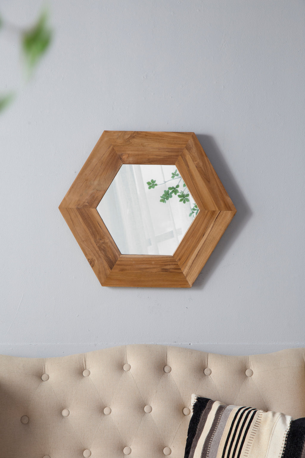 Leoglint 18.5" x 18.5" Hexagon Mirror with Natural Wood Frame, Wall Decor for Living Room Bathroom Hallway