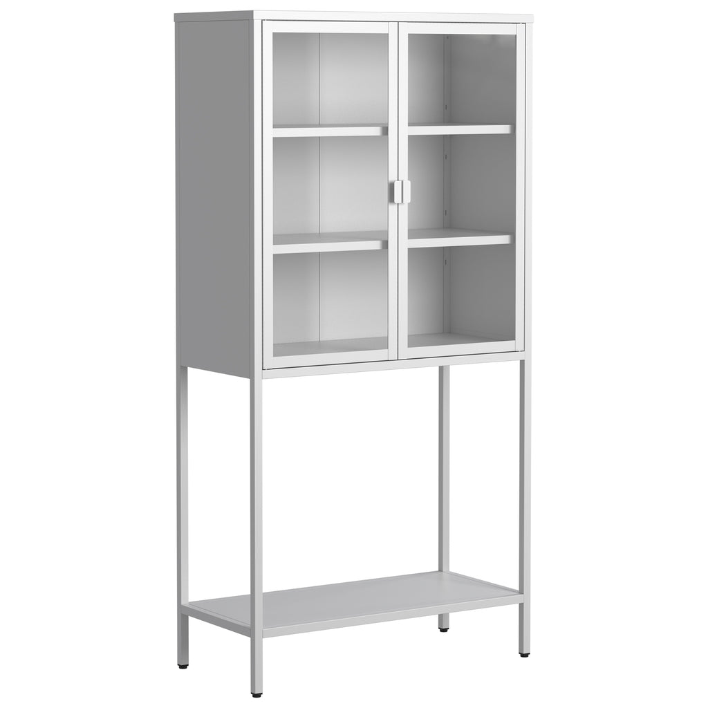 Leoglint 59"H Heavy Duty Metal Storage Cabinet, Display Storage Cabinet with Glass Doors and 2 Adjustable Shelves, Tall Bookcase Modern Bookshelf Cabinet for Home Office, Living Room, Pantry