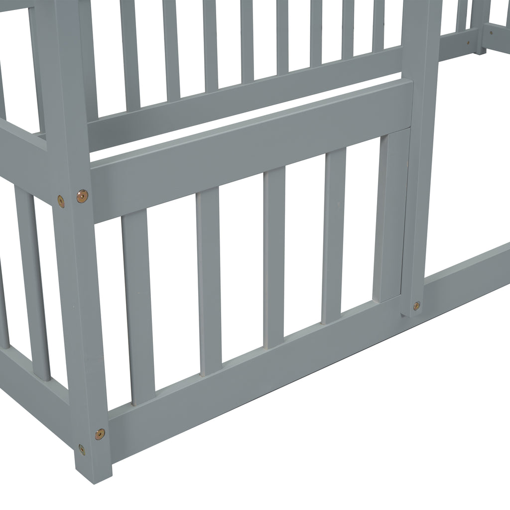 Twin Wood House-Shaped Floor Bed with Fence, Guardrails ,Grey