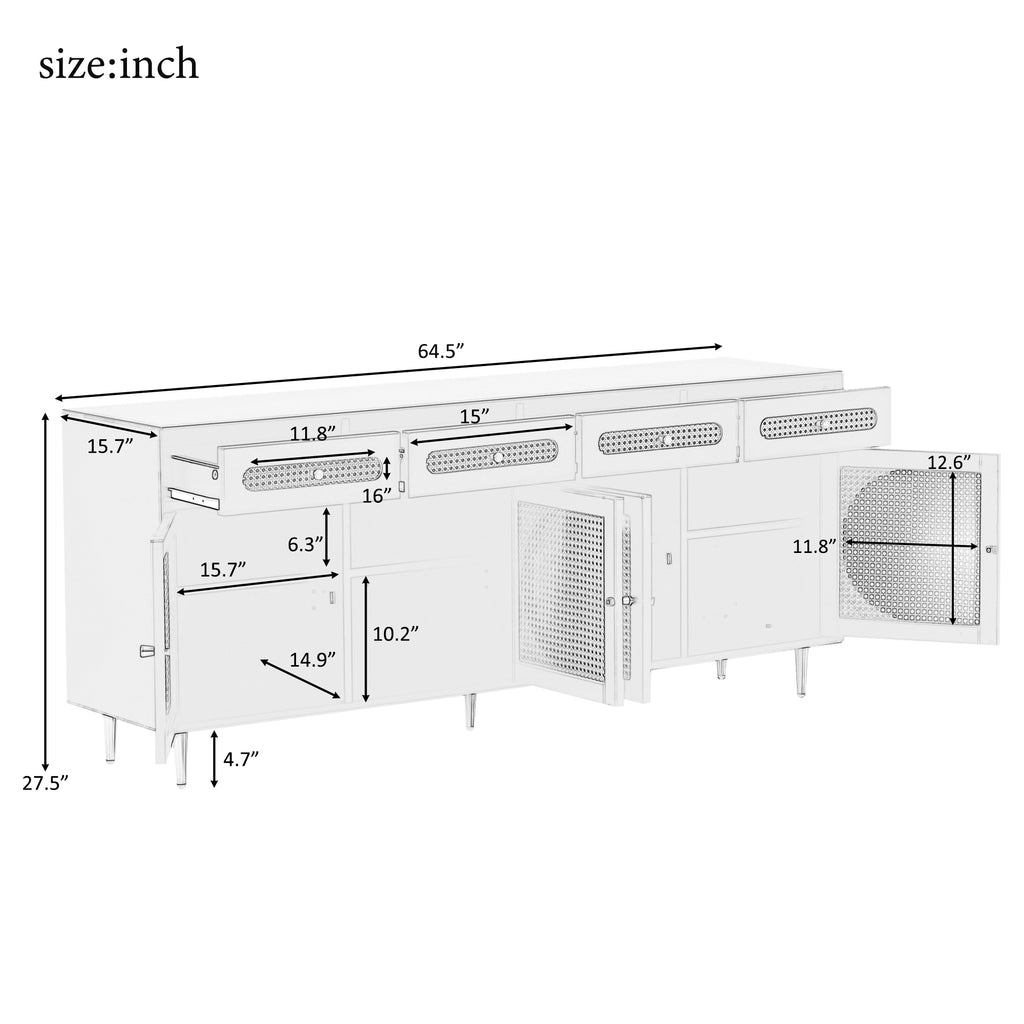 Leoglint U-Can TV Stand with Rattan Door,Woven Media Console Table with Adjustable Shelves for TVs up to 65",Storage Sideboard Cabinet for Living Room