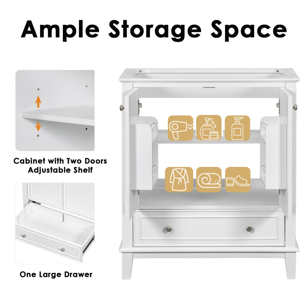 Leoglint 30" Bathroom Vanity without Sink, Base Only, Multi-functional Bathroom Cabinet with Doors and Drawer, Solid Frame and MDF Board, White