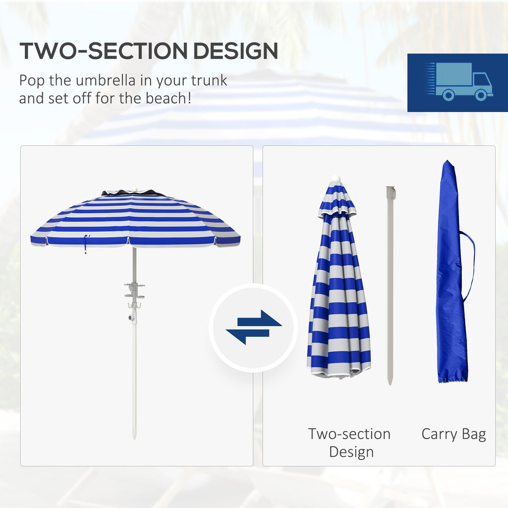 Leoglint 5.7' Portable Beach Umbrella with Tilt, Adjustable Height, 2 Cup Holders & Hooks, UV 40+ Ruffled Outdoor Umbrella with Vented Canopy, Blue White Stripe