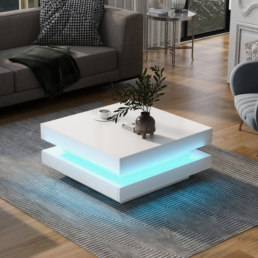 Leoglint ON-TREND High Gloss Minimalist Design with LED Lights, 2-Tier Square Coffee Table, Center Table for Living Room, 31.5''x31.5''x14.2'', White