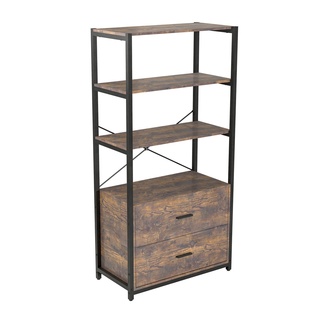 Leoglint Industrial Bookcase with File Cabinet Drawers, 62.7 in Tall Bookshelf 4 Tier, Freestanding Storage Home Office Cabinet Organizer, Rustic Home Decor, Vintage Brown