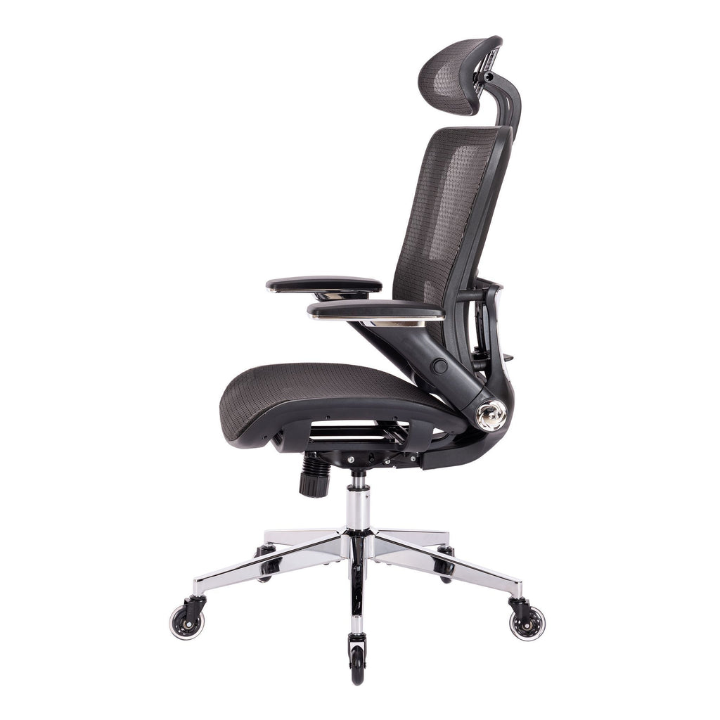 Leoglint BLACK Ergonomic Mesh Office Chair, High Back - Adjustable Headrest with Flip-Up Arms, Tilt and lock Function, Lumbar Support and blade Wheels, KD chrome metal legs