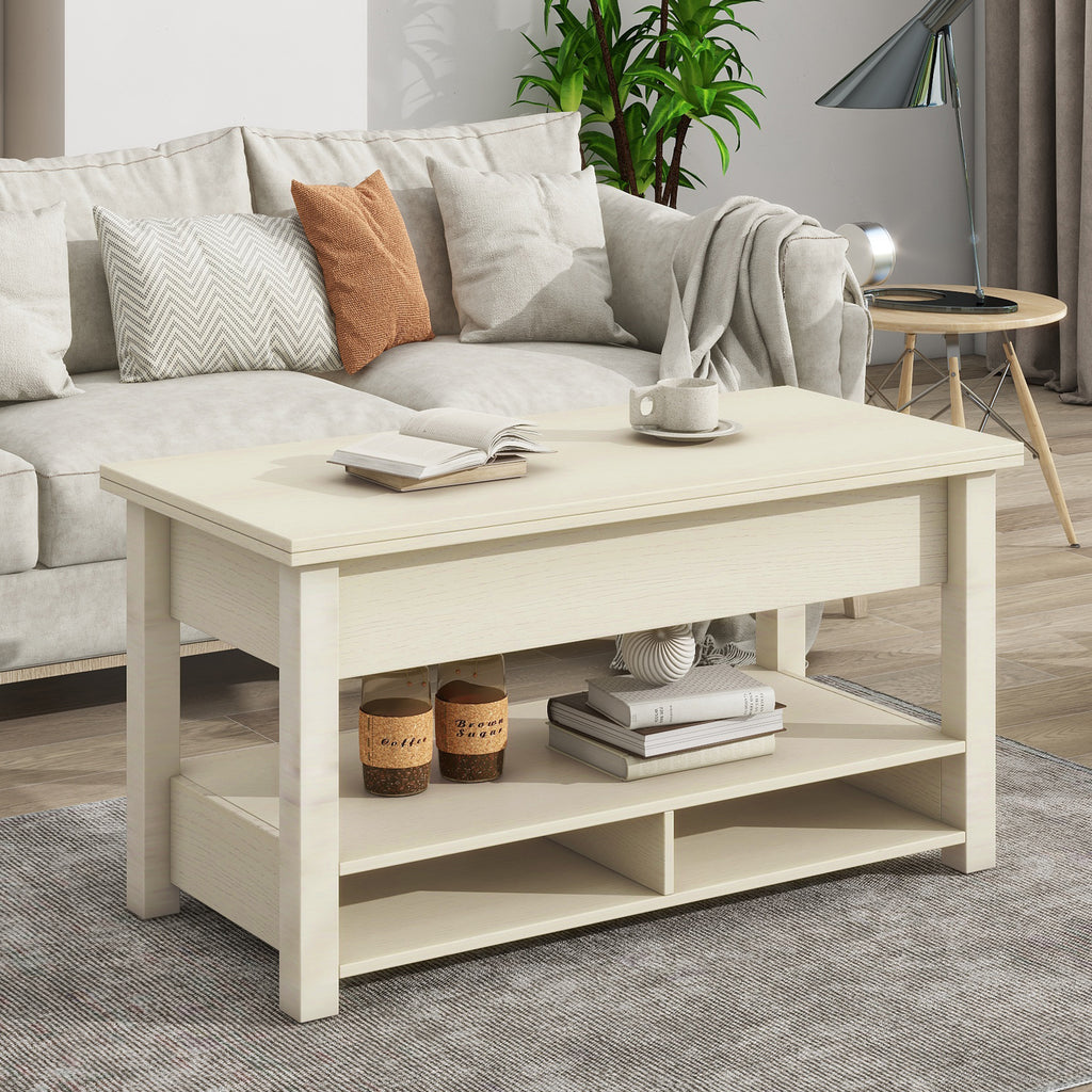 Leoglint [VIDEO provided] ON-TREND Lift Top Coffee Table, Multi-Functional Coffee Table with Open Shelves, Modern Lift Tabletop Dining Table for Living Room, Home Office, Rustic Ivory