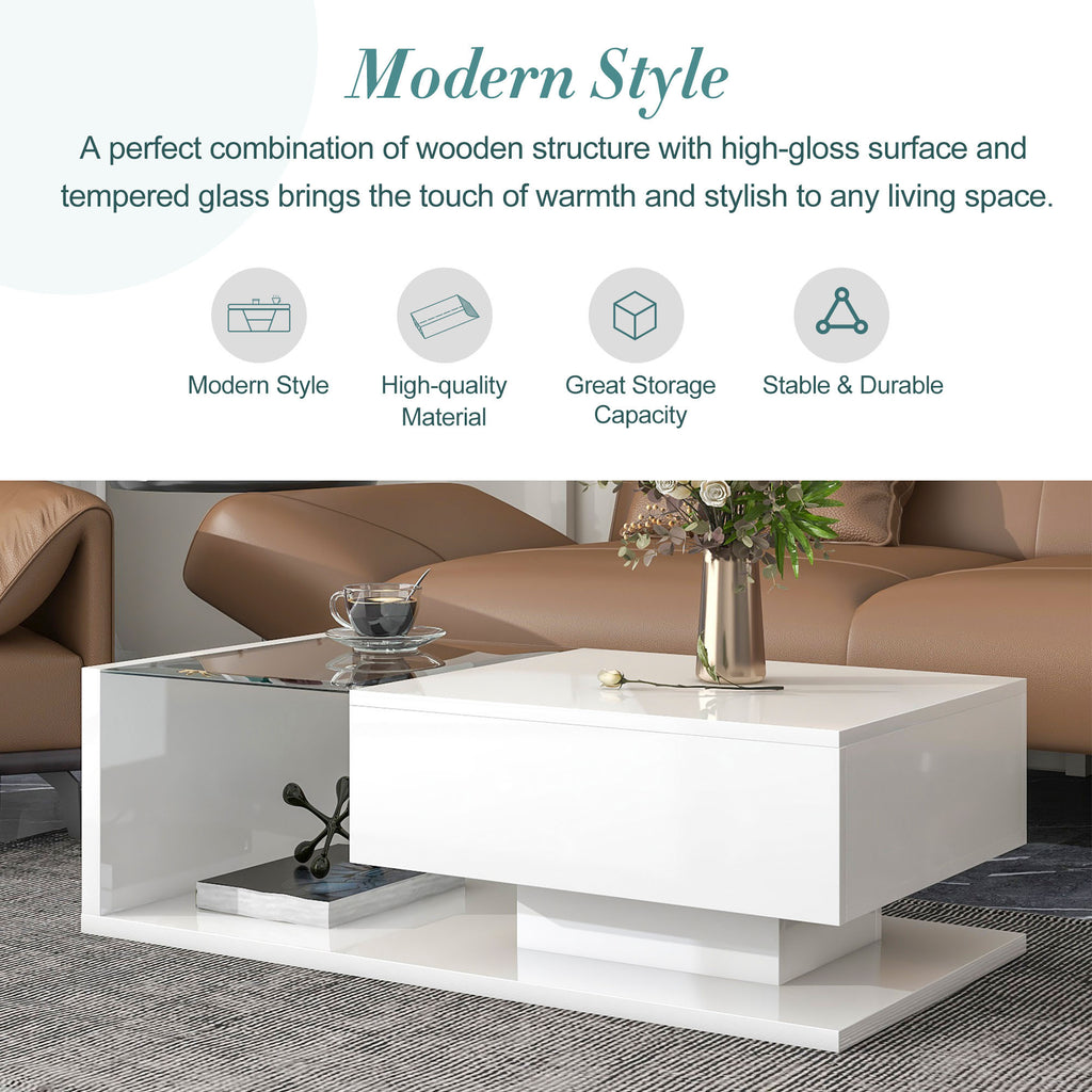 Leoglint [VIDEO provided] ON-TREND Modern Coffee Table with Tempered Glass, Wooden Cocktail Table with High-gloss UV Surface, Modernist 2-Tier Rectangle Center Table for Living Room, White